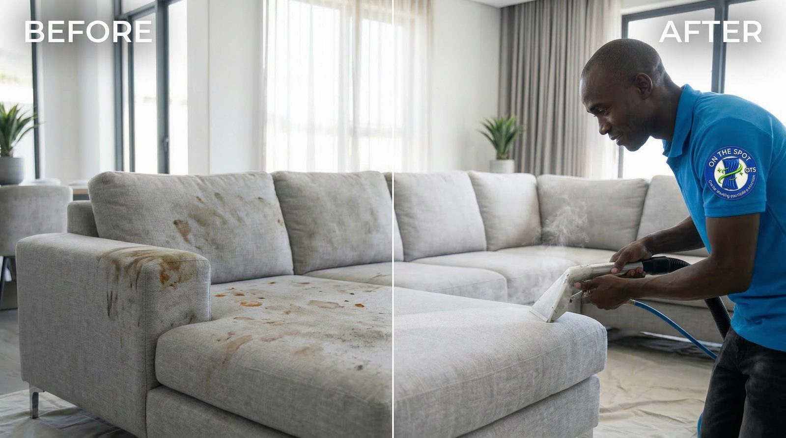 Sofa upholstery cleaning before and after — OTS